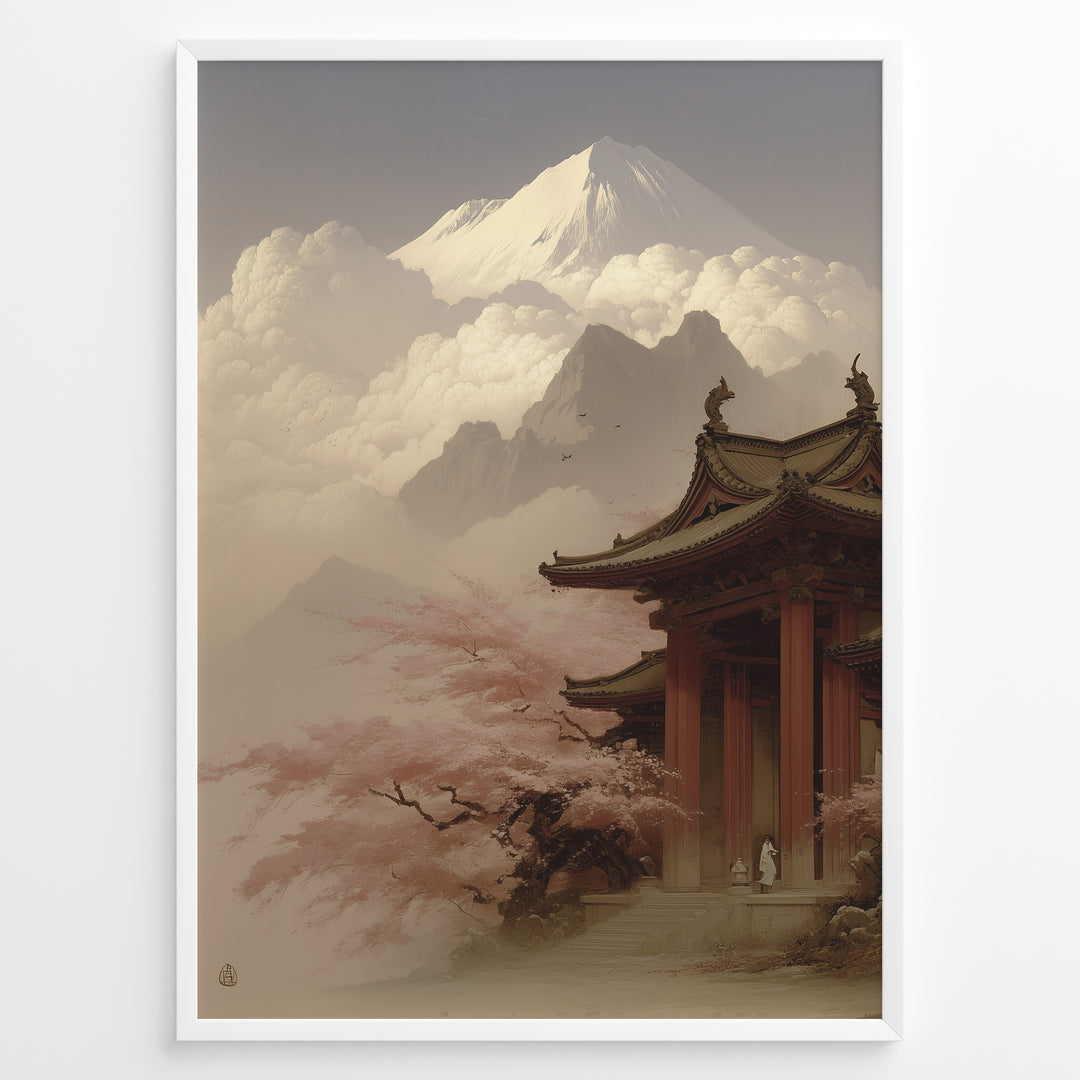Japanske plakater | Traditional Japanese temple surrounded by cherry blossoms with Mount Fuji in the background, framed by dramatic clouds and mountain peaks under a soft, serene sky.
