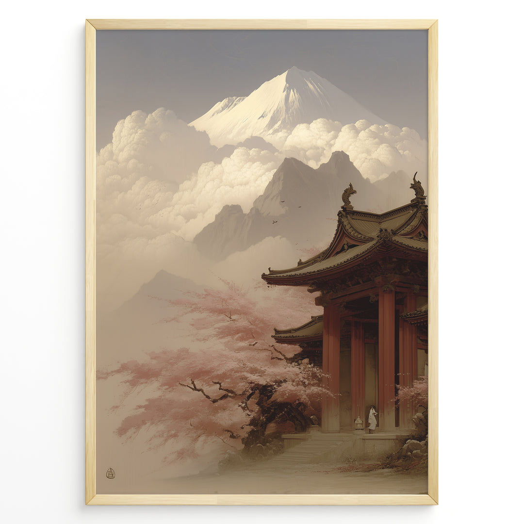Japanske plakater | Traditional Japanese temple surrounded by cherry blossoms with Mount Fuji in the background, framed by dramatic clouds and mountain peaks under a soft, serene sky.