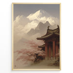 Load image into Gallery viewer, Japanske plakater | Traditional Japanese temple surrounded by cherry blossoms with Mount Fuji in the background, framed by dramatic clouds and mountain peaks under a soft, serene sky.
