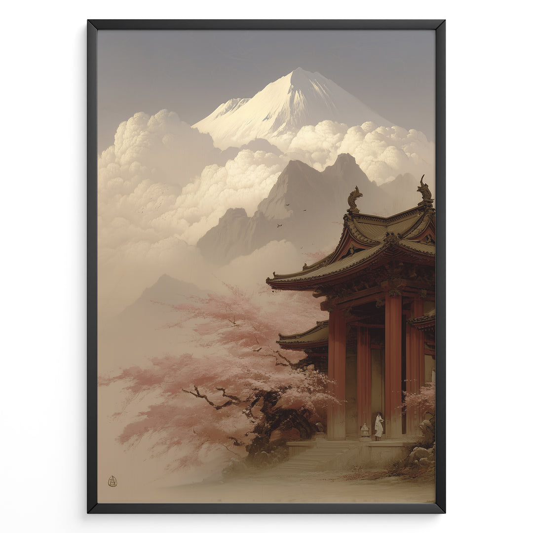 Japanske plakater | Traditional Japanese temple surrounded by cherry blossoms with Mount Fuji in the background, framed by dramatic clouds and mountain peaks under a soft, serene sky.