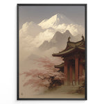 Load image into Gallery viewer, Japanske plakater | Traditional Japanese temple surrounded by cherry blossoms with Mount Fuji in the background, framed by dramatic clouds and mountain peaks under a soft, serene sky.
