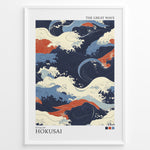 Load image into Gallery viewer, Japanske plakater | Abstract illustration of ocean waves in the style of Hokusai’s The Great Wave, using flowing patterns and a palette of navy blue, cream, red, and light blue.

