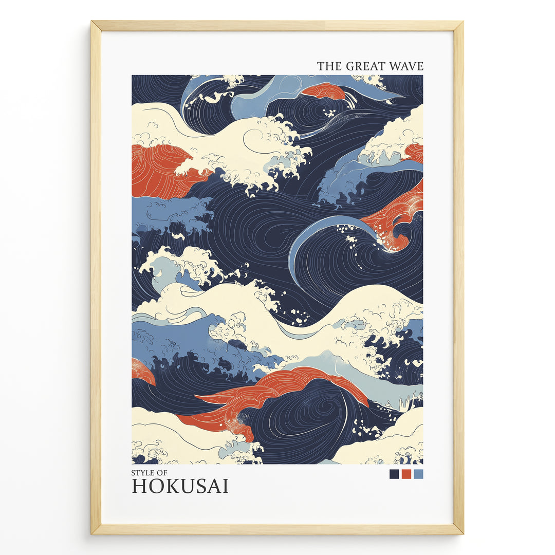 Japanske plakater | Abstract illustration of ocean waves in the style of Hokusai’s The Great Wave, using flowing patterns and a palette of navy blue, cream, red, and light blue.