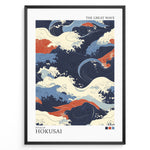 Load image into Gallery viewer, Japanske plakater | Abstract illustration of ocean waves in the style of Hokusai’s The Great Wave, using flowing patterns and a palette of navy blue, cream, red, and light blue.
