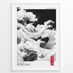 Load image into Gallery viewer, Japanske plakater | Black and white modern reinterpretation of Hokusai’s &quot;The Great Wave&quot; featuring swirling waves, minimalist design, and a red Japanese seal on a framed poster.
