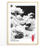 Load image into Gallery viewer, Japanske plakater | Black and white modern reinterpretation of Hokusai’s &quot;The Great Wave&quot; featuring swirling waves, minimalist design, and a red Japanese seal on a framed poster.
