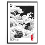 Load image into Gallery viewer, Japanske plakater | Black and white modern reinterpretation of Hokusai’s &quot;The Great Wave&quot; featuring swirling waves, minimalist design, and a red Japanese seal on a framed poster.
