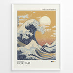 Load image into Gallery viewer, Japanske plakater | Modern version of Hokusai’s The Great Wave with golden sunset sky, crashing deep blue waves, and Mount Fuji in the distance.
