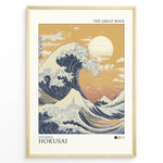 Load image into Gallery viewer, Japanske plakater | Modern version of Hokusai’s The Great Wave with golden sunset sky, crashing deep blue waves, and Mount Fuji in the distance.
