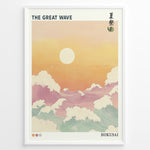 Load image into Gallery viewer, Japanske plakater | Pastel-style illustration of &quot;The Great Wave&quot; with large foamy waves under a warm orange and yellow sunset, inspired by Hokusai’s iconic woodblock print.
