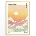 Load image into Gallery viewer, Japanske plakater | Pastel-style illustration of &quot;The Great Wave&quot; with large foamy waves under a warm orange and yellow sunset, inspired by Hokusai’s iconic woodblock print.

