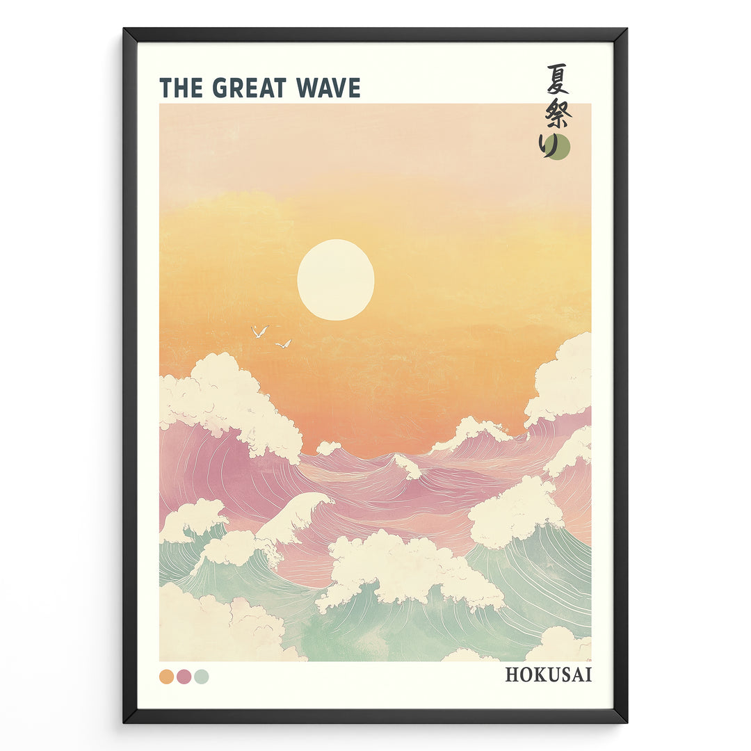 Japanske plakater | Pastel-style illustration of "The Great Wave" with large foamy waves under a warm orange and yellow sunset, inspired by Hokusai’s iconic woodblock print.