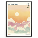 Load image into Gallery viewer, Japanske plakater | Pastel-style illustration of &quot;The Great Wave&quot; with large foamy waves under a warm orange and yellow sunset, inspired by Hokusai’s iconic woodblock print.
