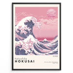 Load image into Gallery viewer, Japanske plakater | Modern pink-toned version of Hokusai&#39;s The Great Wave off Kanagawa, featuring a large wave with boats and Mount Fuji in the background under a pink sky.
