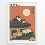 Load image into Gallery viewer, Japanske plakater | Illustration of five cats lounging on a Japanese-style tiled roof under a coral sunset sky with a full moon, styled like a modern Ukiyo-e poster labeled “Tokyo Japan” and “The Roof.”
