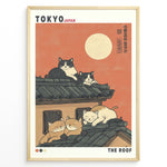 Load image into Gallery viewer, Japanske plakater | Illustration of five cats lounging on a Japanese-style tiled roof under a coral sunset sky with a full moon, styled like a modern Ukiyo-e poster labeled “Tokyo Japan” and “The Roof.”
