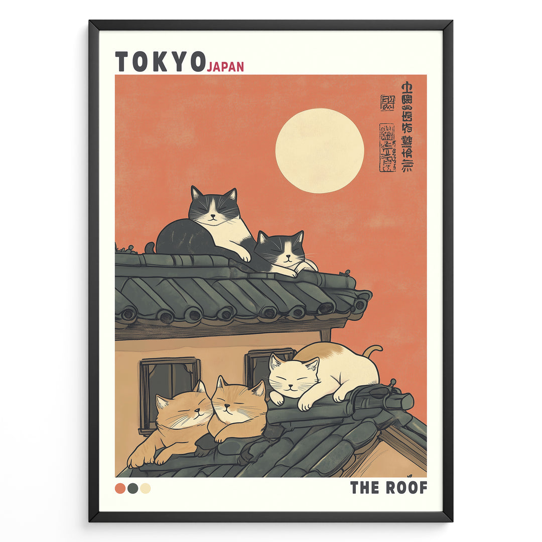 Japanske plakater | Illustration of five cats lounging on a Japanese-style tiled roof under a coral sunset sky with a full moon, styled like a modern Ukiyo-e poster labeled “Tokyo Japan” and “The Roof.”