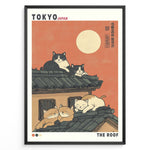 Load image into Gallery viewer, Japanske plakater | Illustration of five cats lounging on a Japanese-style tiled roof under a coral sunset sky with a full moon, styled like a modern Ukiyo-e poster labeled “Tokyo Japan” and “The Roof.”
