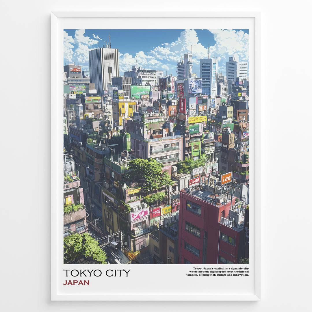 Japanske plakater | Poster of a colorful Tokyo cityscape featuring dense buildings with rooftop greenery, neon signs, and high-rise structures under a bright blue sky with clouds.