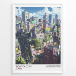 Load image into Gallery viewer, Japanske plakater | Poster of a colorful Tokyo cityscape featuring dense buildings with rooftop greenery, neon signs, and high-rise structures under a bright blue sky with clouds.
