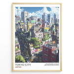 Load image into Gallery viewer, Japanske plakater | Poster of a colorful Tokyo cityscape featuring dense buildings with rooftop greenery, neon signs, and high-rise structures under a bright blue sky with clouds.
