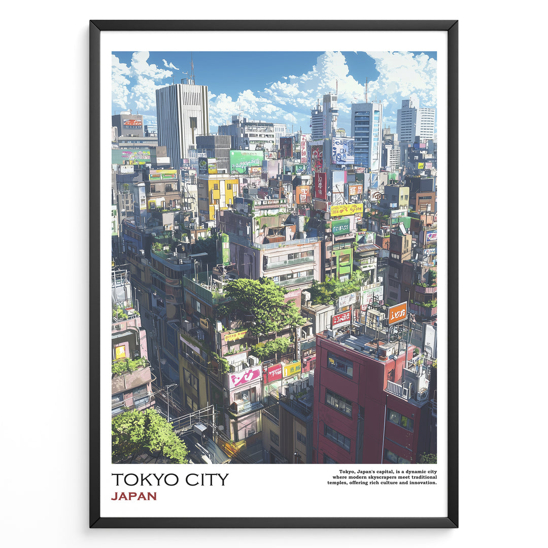 Japanske plakater | Poster of a colorful Tokyo cityscape featuring dense buildings with rooftop greenery, neon signs, and high-rise structures under a bright blue sky with clouds.