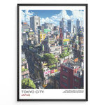 Load image into Gallery viewer, Japanske plakater | Poster of a colorful Tokyo cityscape featuring dense buildings with rooftop greenery, neon signs, and high-rise structures under a bright blue sky with clouds.
