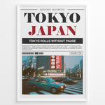 Load image into Gallery viewer, Japanske plakater | Blurred motion photograph of cars crossing a busy intersection in Tokyo at dusk, with bright neon signs and tall buildings in the background, framed by a poster layout with the text &quot;TOKYO JAPAN&quot; and a description of Tokyo’s city life.
