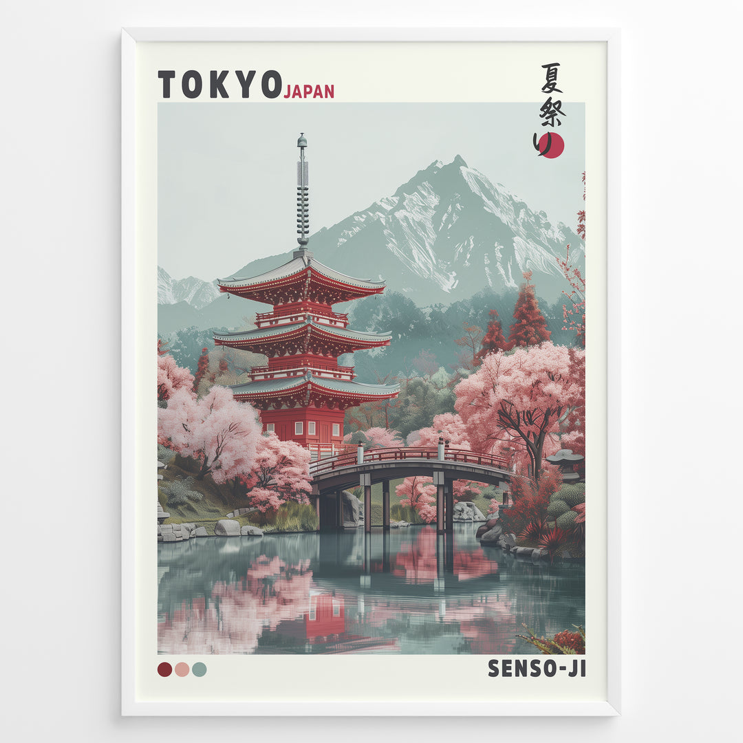 Japanske plakater | Illustration of the Senso-ji Temple in Tokyo, Japan, featuring a red pagoda, pink cherry blossom trees, a wooden bridge over water, and a mountain in the background, framed as a decorative travel poster.