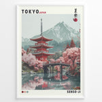Load image into Gallery viewer, Japanske plakater | Illustration of the Senso-ji Temple in Tokyo, Japan, featuring a red pagoda, pink cherry blossom trees, a wooden bridge over water, and a mountain in the background, framed as a decorative travel poster.
