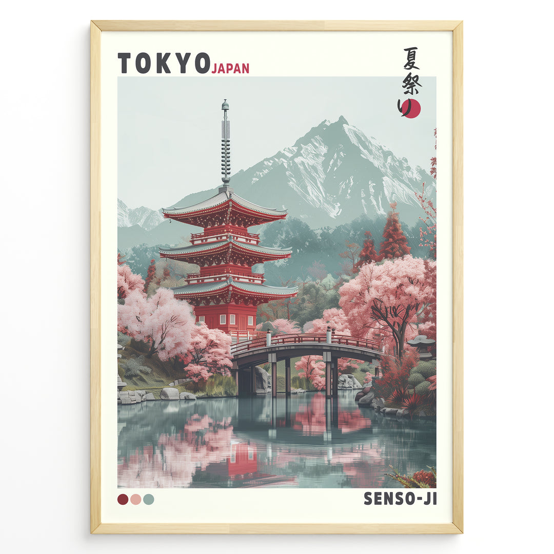 Japanske plakater | Illustration of the Senso-ji Temple in Tokyo, Japan, featuring a red pagoda, pink cherry blossom trees, a wooden bridge over water, and a mountain in the background, framed as a decorative travel poster.