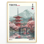 Load image into Gallery viewer, Japanske plakater | Illustration of the Senso-ji Temple in Tokyo, Japan, featuring a red pagoda, pink cherry blossom trees, a wooden bridge over water, and a mountain in the background, framed as a decorative travel poster.
