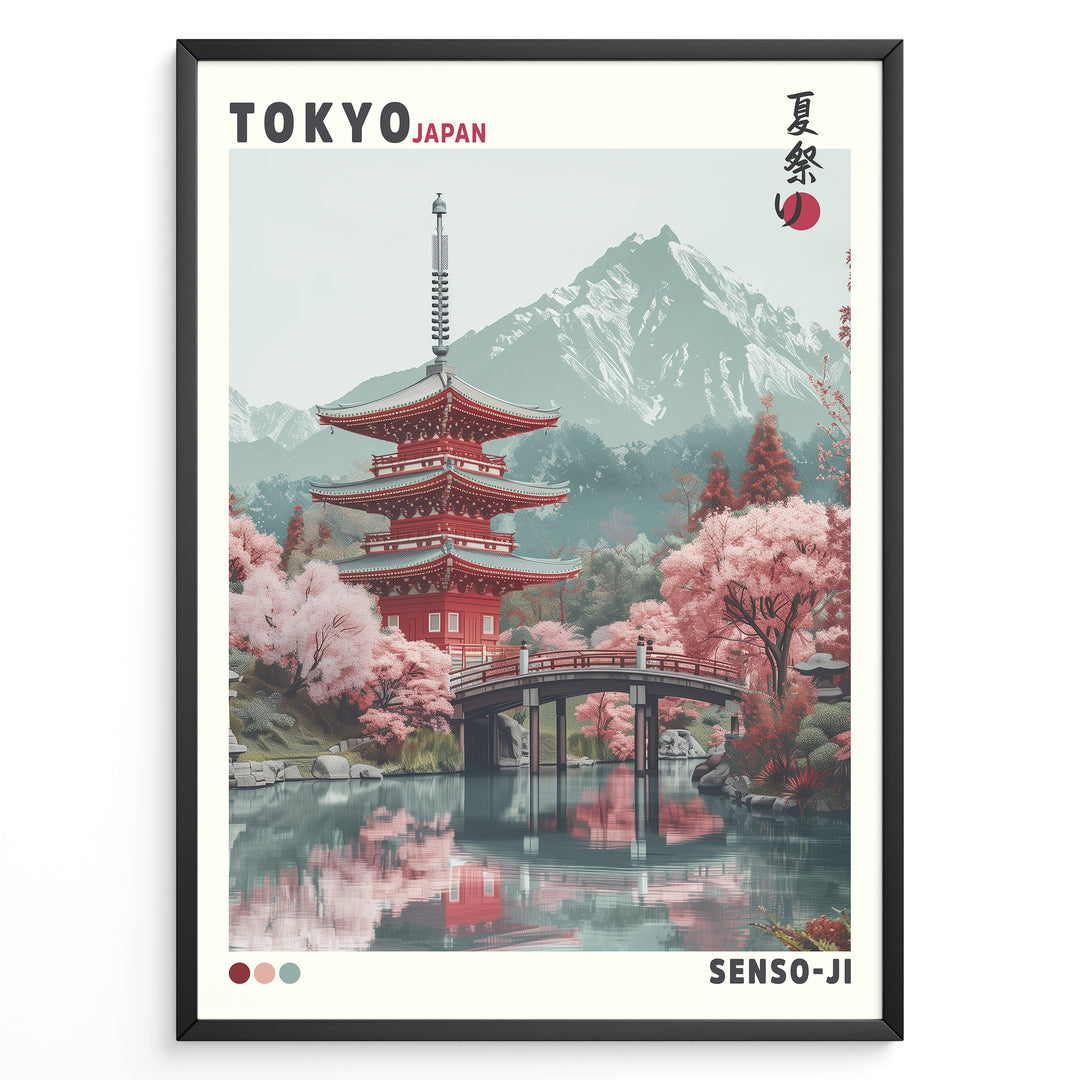 Japanske plakater | Illustration of the Senso-ji Temple in Tokyo, Japan, featuring a red pagoda, pink cherry blossom trees, a wooden bridge over water, and a mountain in the background, framed as a decorative travel poster.