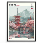 Load image into Gallery viewer, Japanske plakater | Illustration of the Senso-ji Temple in Tokyo, Japan, featuring a red pagoda, pink cherry blossom trees, a wooden bridge over water, and a mountain in the background, framed as a decorative travel poster.
