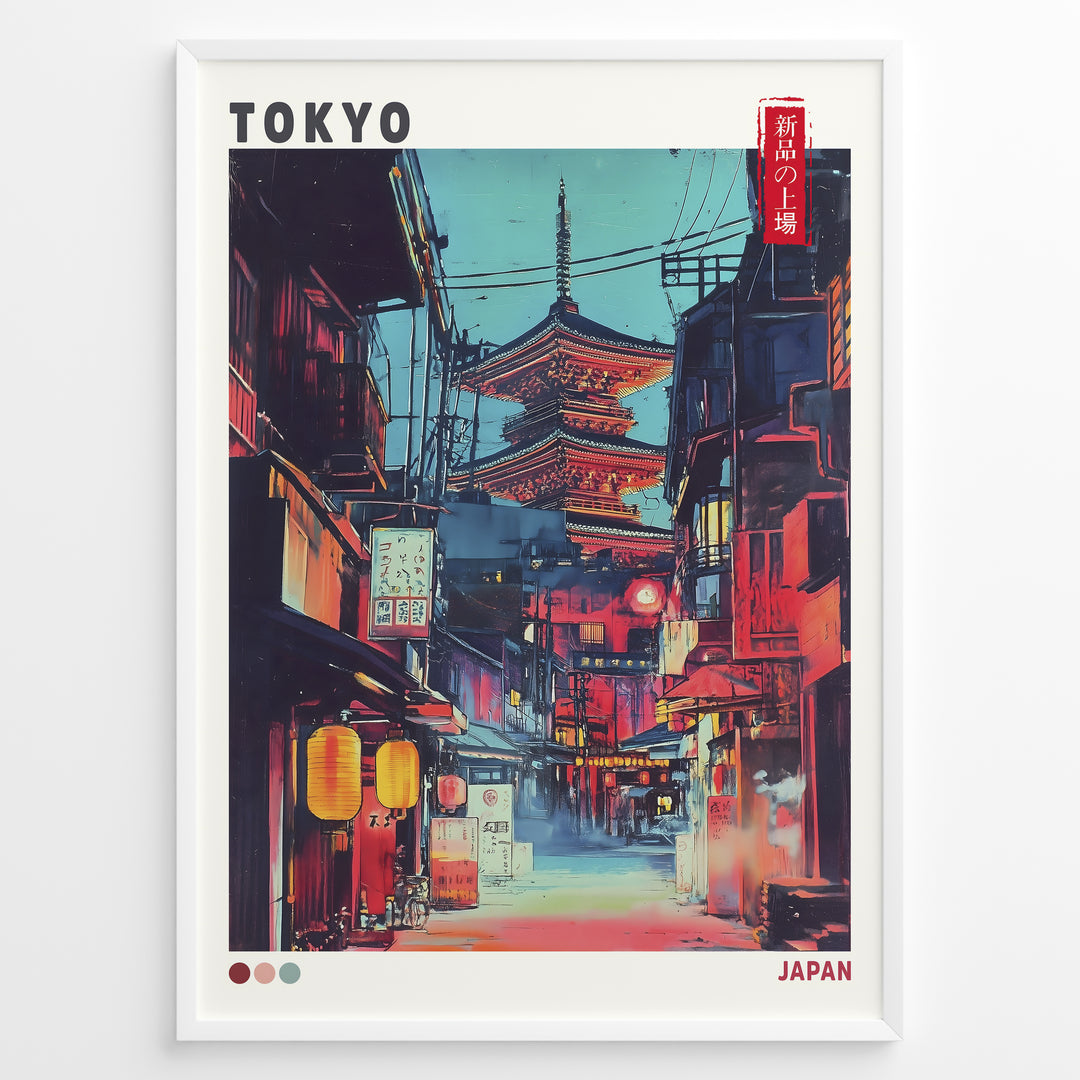 Japanske plakater | Illustrated poster of a night street scene in Tokyo with glowing lanterns, traditional Japanese shops, and a large illuminated pagoda in the background, styled in a neon, cyberpunk aesthetic.