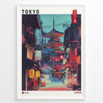 Load image into Gallery viewer, Japanske plakater | Illustrated poster of a night street scene in Tokyo with glowing lanterns, traditional Japanese shops, and a large illuminated pagoda in the background, styled in a neon, cyberpunk aesthetic.
