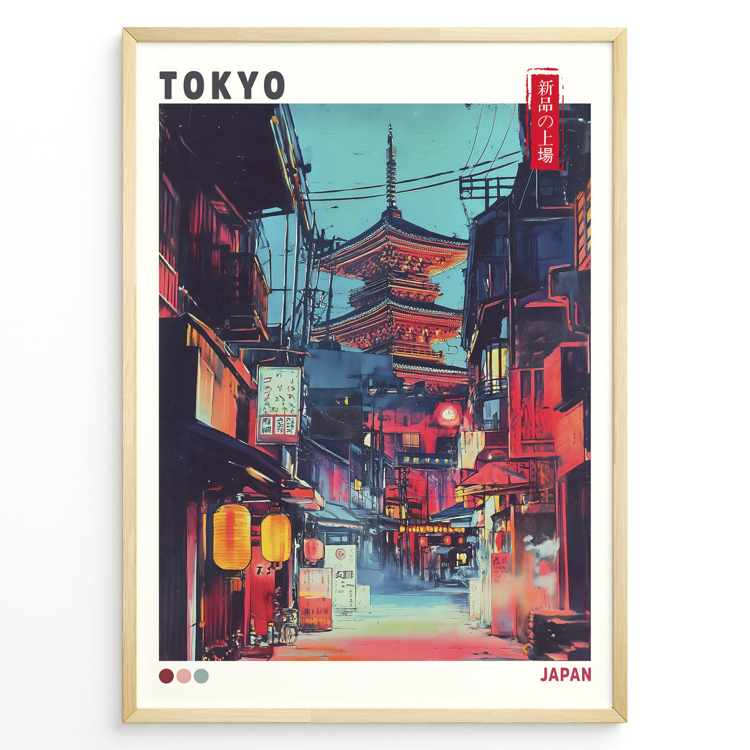 Japanske plakater | Illustrated poster of a night street scene in Tokyo with glowing lanterns, traditional Japanese shops, and a large illuminated pagoda in the background, styled in a neon, cyberpunk aesthetic.