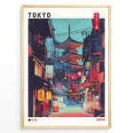 Load image into Gallery viewer, Japanske plakater | Illustrated poster of a night street scene in Tokyo with glowing lanterns, traditional Japanese shops, and a large illuminated pagoda in the background, styled in a neon, cyberpunk aesthetic.
