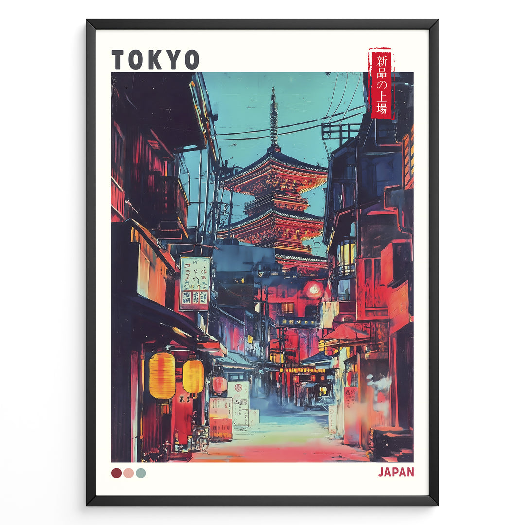 Japanske plakater | Illustrated poster of a night street scene in Tokyo with glowing lanterns, traditional Japanese shops, and a large illuminated pagoda in the background, styled in a neon, cyberpunk aesthetic.