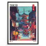 Load image into Gallery viewer, Japanske plakater | Illustrated poster of a night street scene in Tokyo with glowing lanterns, traditional Japanese shops, and a large illuminated pagoda in the background, styled in a neon, cyberpunk aesthetic.
