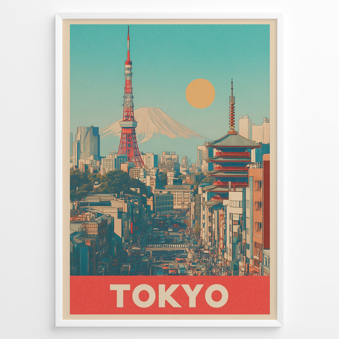 Japanske plakater | Retro-style poster of Tokyo cityscape with Tokyo Tower, a traditional pagoda, and Mount Fuji in the background under a yellow sun and turquoise sky.