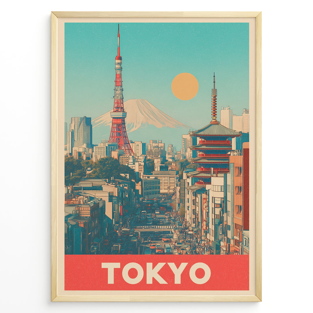 Japanske plakater | Retro-style poster of Tokyo cityscape with Tokyo Tower, a traditional pagoda, and Mount Fuji in the background under a yellow sun and turquoise sky.
