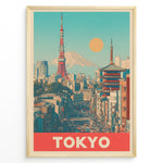 Load image into Gallery viewer, Japanske plakater | Retro-style poster of Tokyo cityscape with Tokyo Tower, a traditional pagoda, and Mount Fuji in the background under a yellow sun and turquoise sky.
