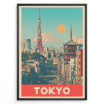 Load image into Gallery viewer, Japanske plakater | Retro-style poster of Tokyo cityscape with Tokyo Tower, a traditional pagoda, and Mount Fuji in the background under a yellow sun and turquoise sky.
