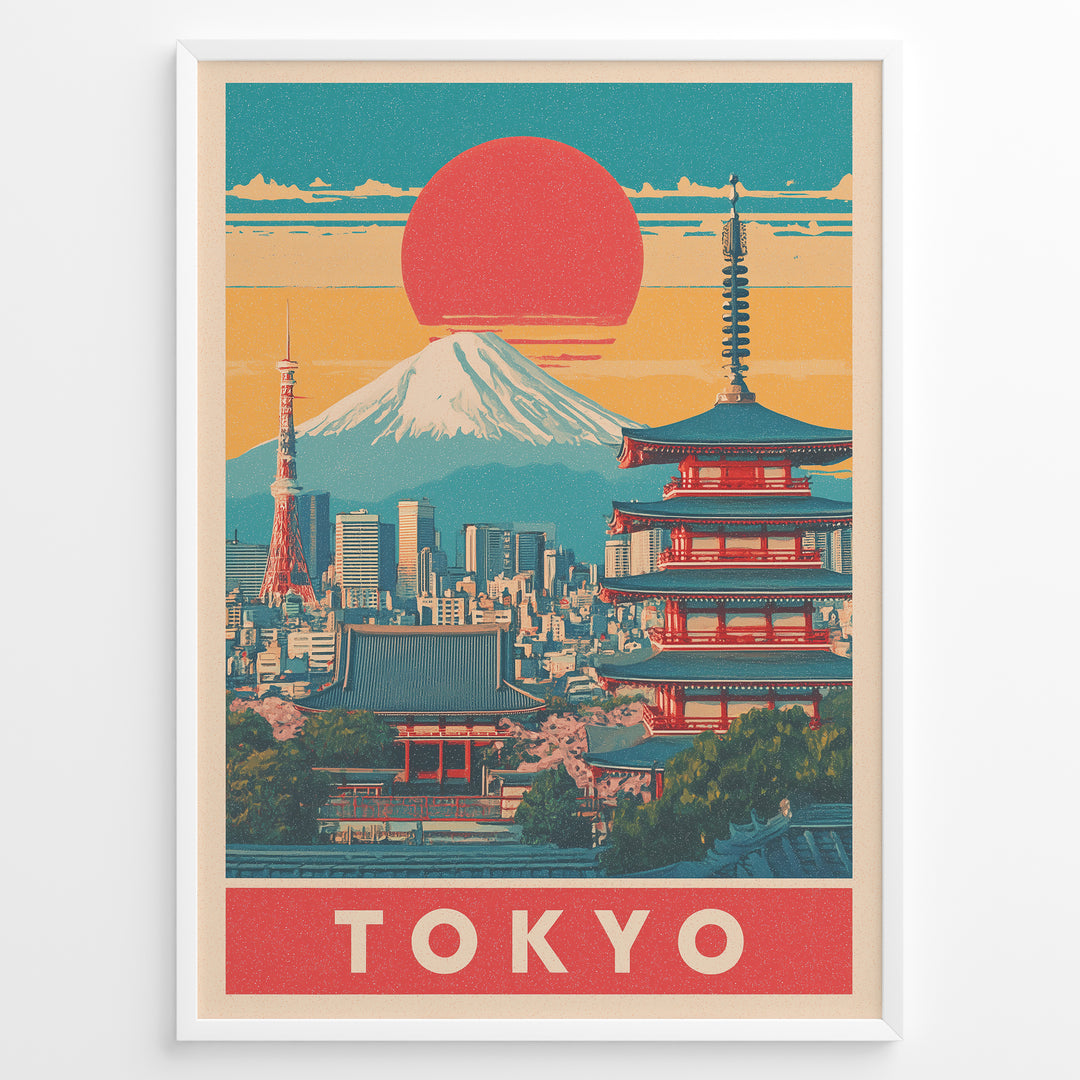 Japanske plakater | Retro-style Tokyo poster showing Mount Fuji, Tokyo Tower, and a traditional red pagoda with a large red sun setting over a colorful cityscape.