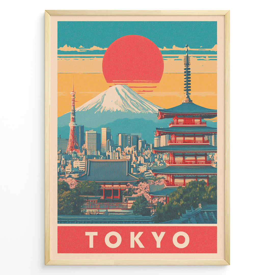 Japanske plakater | Retro-style Tokyo poster showing Mount Fuji, Tokyo Tower, and a traditional red pagoda with a large red sun setting over a colorful cityscape.