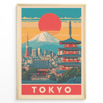 Load image into Gallery viewer, Japanske plakater | Retro-style Tokyo poster showing Mount Fuji, Tokyo Tower, and a traditional red pagoda with a large red sun setting over a colorful cityscape.
