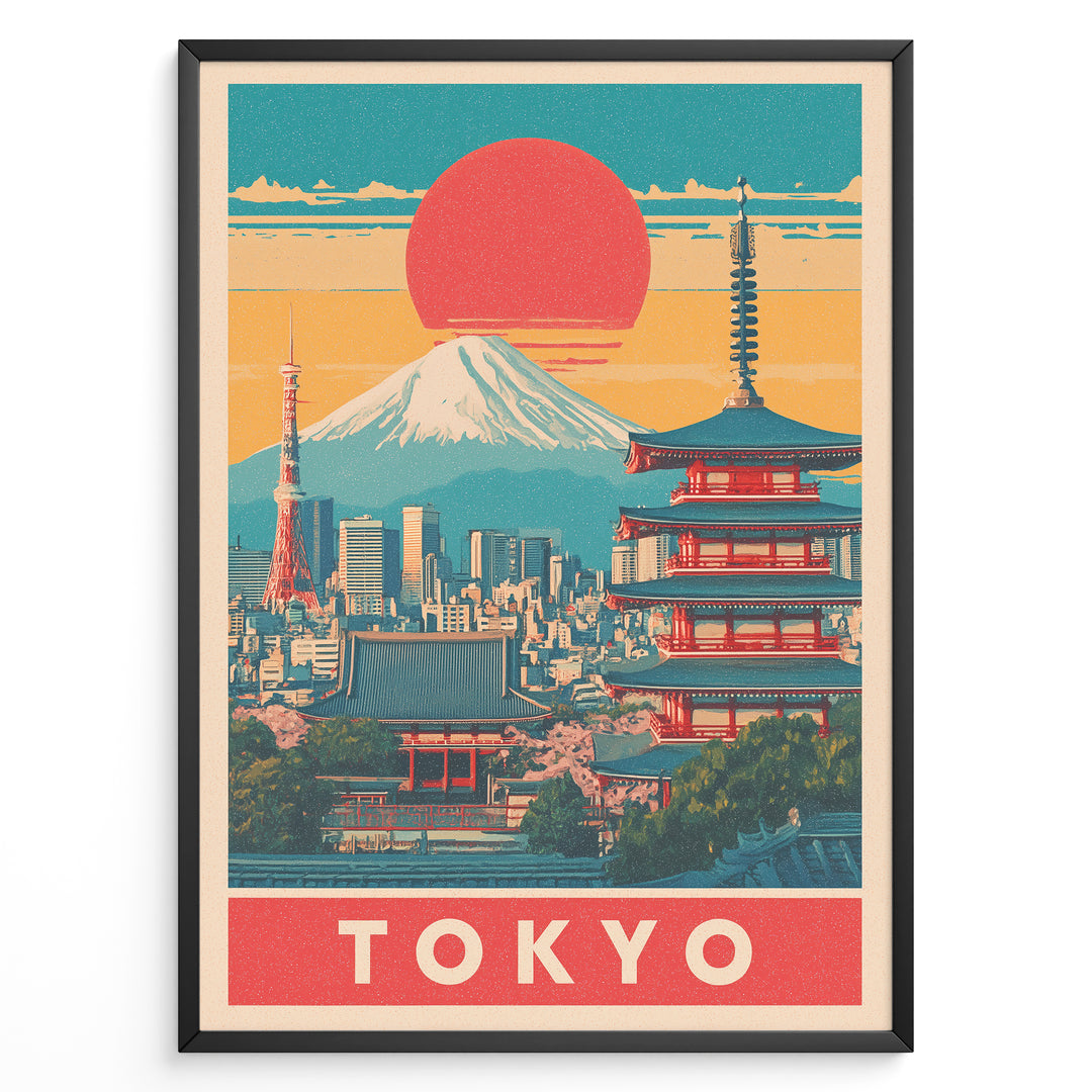 Japanske plakater | Retro-style Tokyo poster showing Mount Fuji, Tokyo Tower, and a traditional red pagoda with a large red sun setting over a colorful cityscape.