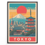Load image into Gallery viewer, Japanske plakater | Retro-style Tokyo poster showing Mount Fuji, Tokyo Tower, and a traditional red pagoda with a large red sun setting over a colorful cityscape.
