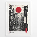 Load image into Gallery viewer, Japanske plakater | Stylized black and gray illustration of a Tokyo street with buildings, power lines, and Japanese signs, featuring a large red sun in the sky.
